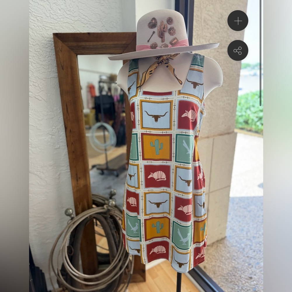 Cotton & Rye Colourful Patchwork Critter & Cactus Square Neck Dress Sz M NWT